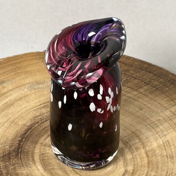 Stunning Art Glass Squatty Jack In The Pulpit Vase Purple Swirl White Speckle - Picture 2 of 6